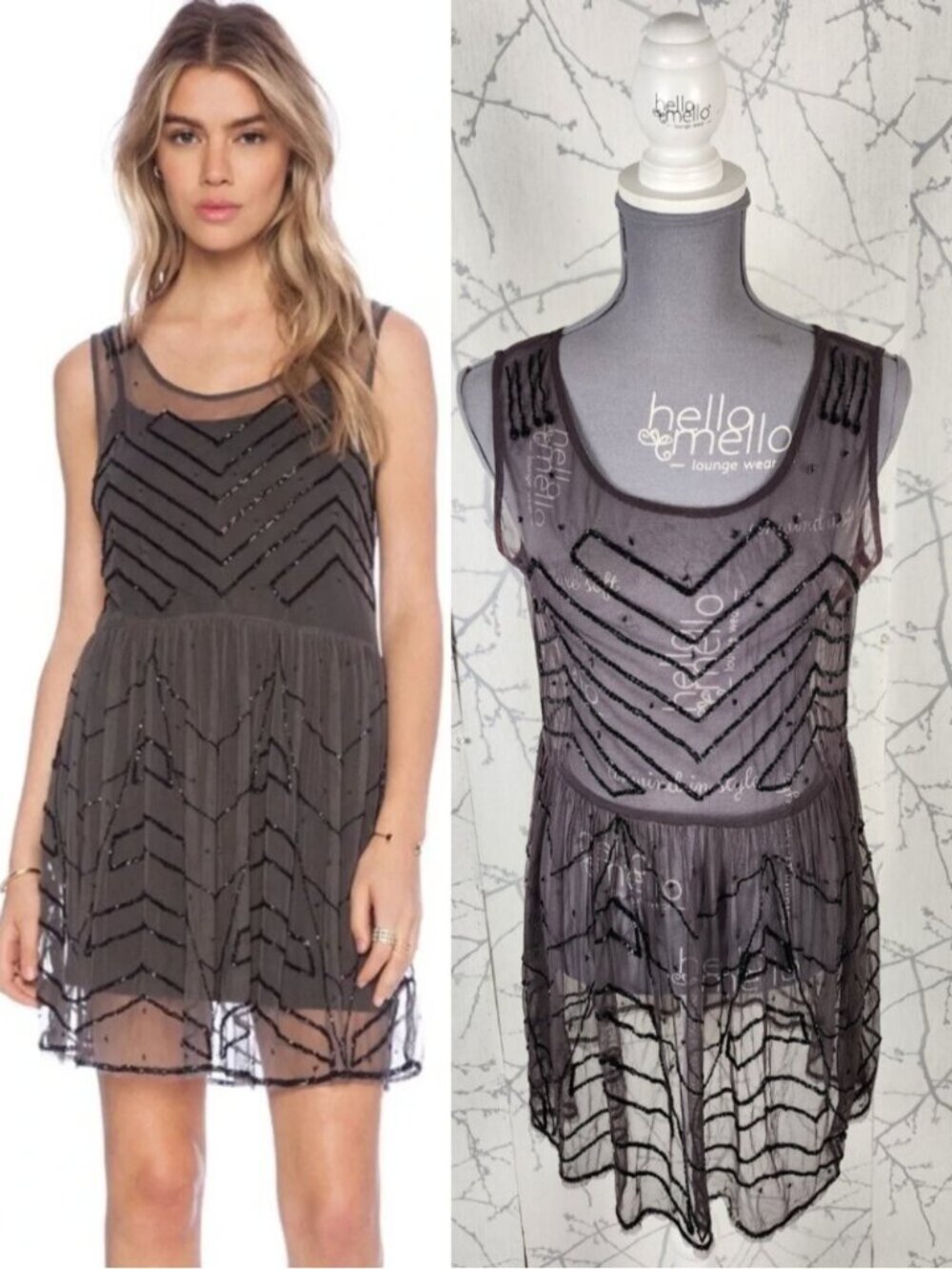Free People Sheer Mesh Sequin Round Neck A-Line Dress